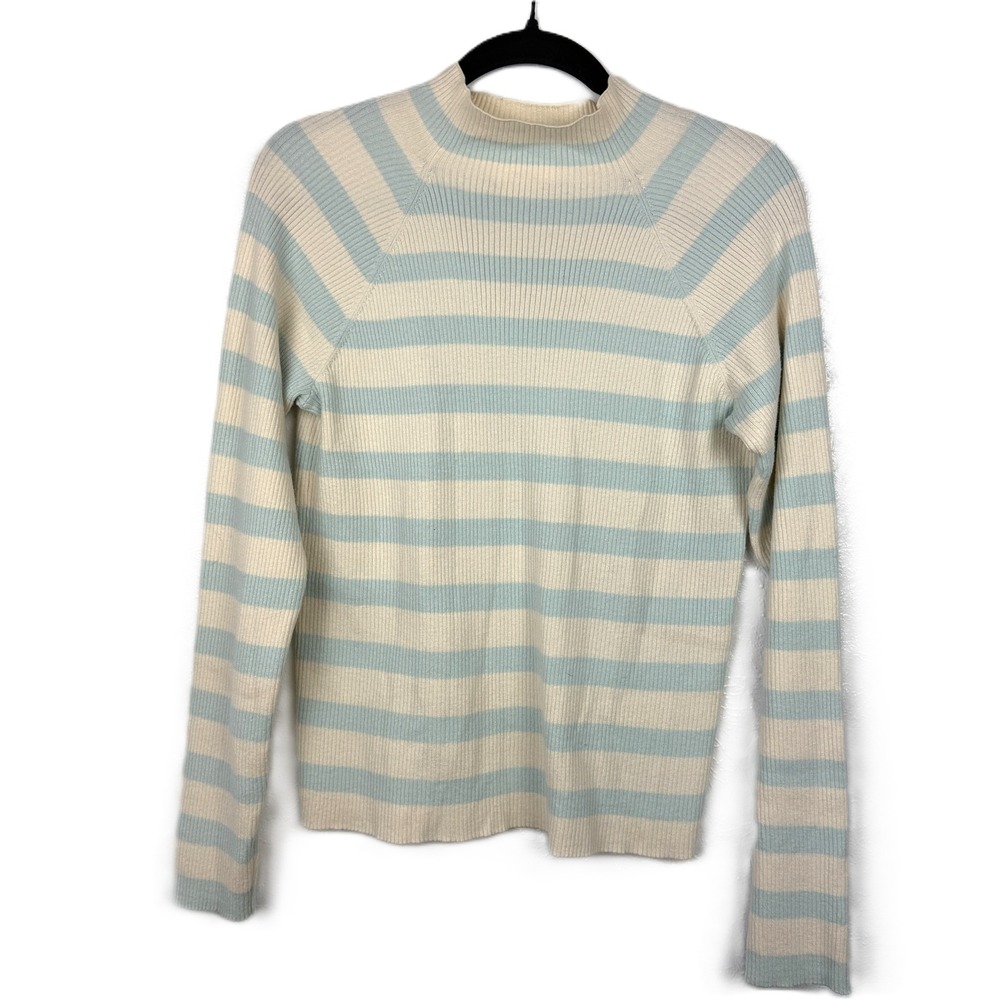 Anthropologie Maeve Ribbed Knit Stripe Sweater Light Blue/Cream Large